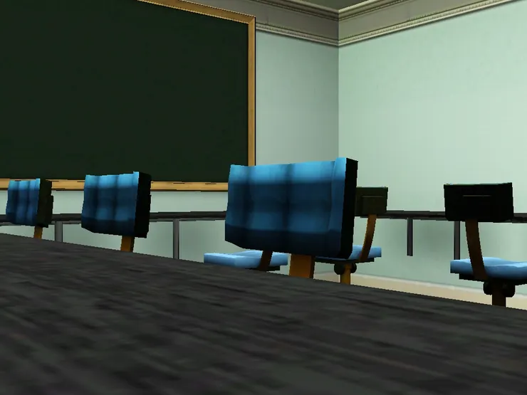 這房間的書桌安裝在牆上，很省空間。