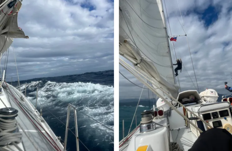 左：D6一整天陰天，白日風浪依舊，並不令人害怕。右：檢查完畢，船長下來了。