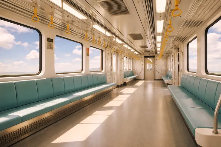 暖色調的車廂裡，明亮溫暖，外面是藍天白雲 - AI