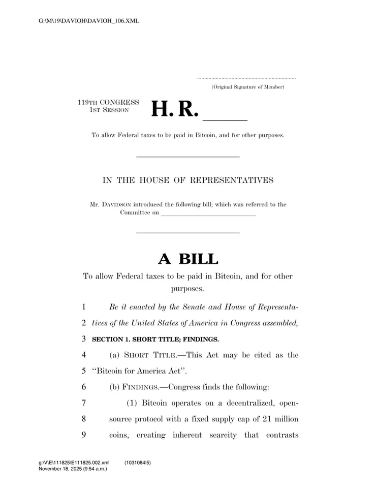 《美國比特幣法案》首頁。來源： Warren Davidson