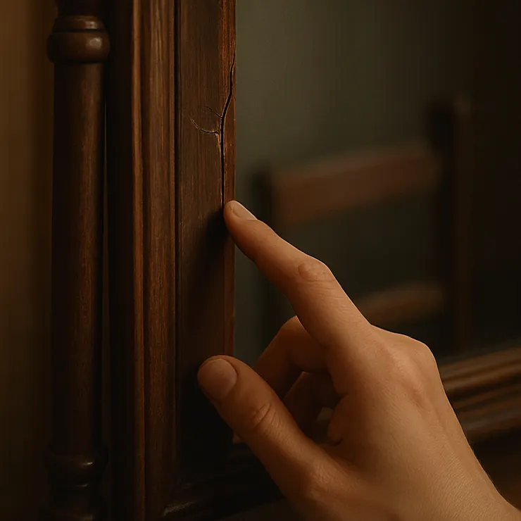 立鏡邊框第三節磨亮被手指輕觸;鏡內是一張斜置椅影。