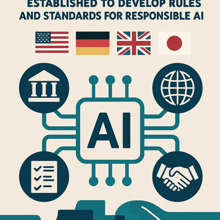 copilot。幫我畫張圖，表示：國際間已建立若干合作機構與框架，旨在制定規則與標準，推動負責任的 AI 發展。