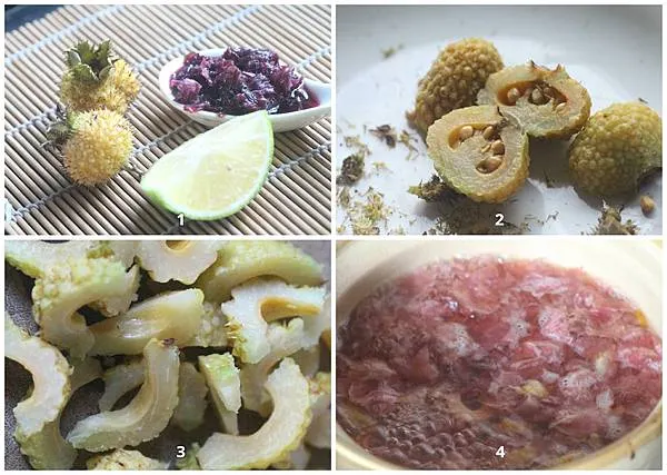 刺梨果茶作法：將刺梨切片去籽，再加點下去玫瑰糖去熬煮就可以了