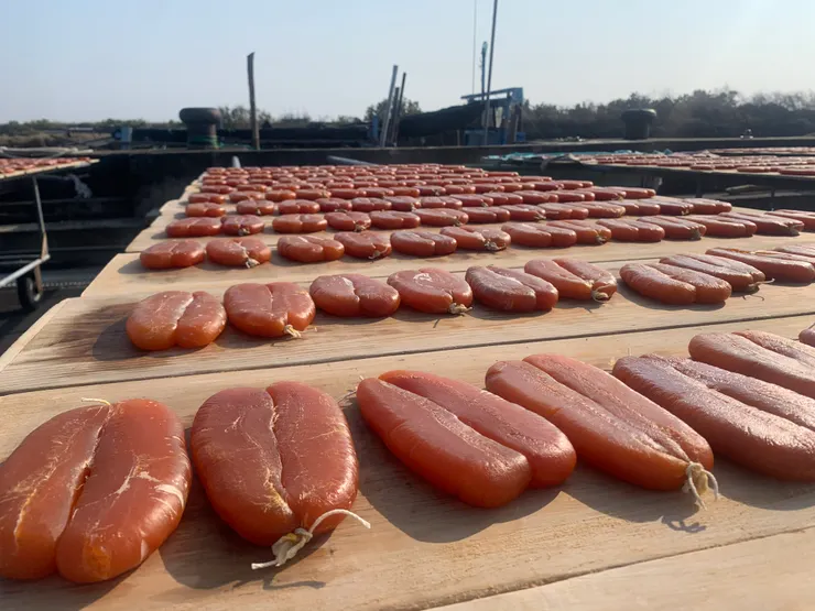 路邊曬著大量烏魚子。