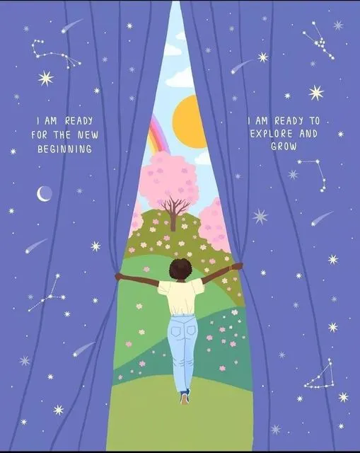可能是顯示的文字是「 |AMREADY AM READY FOR THE NEW BEGINNING I AM READY TO EXPLORE AND GROW 」的插圖