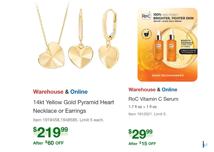 左：14K金項鍊或耳環。右：ROC 維他命C精華液。