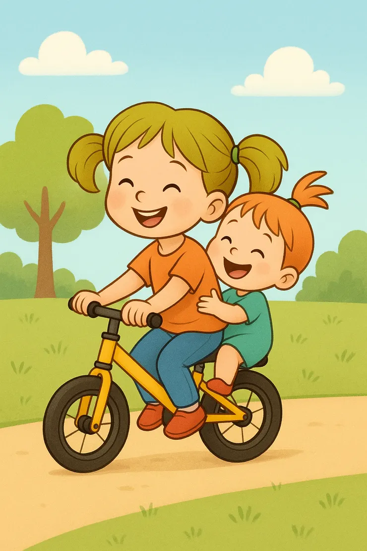 姊姊巧妙讓妹妹坐在後面一起騎滑步車