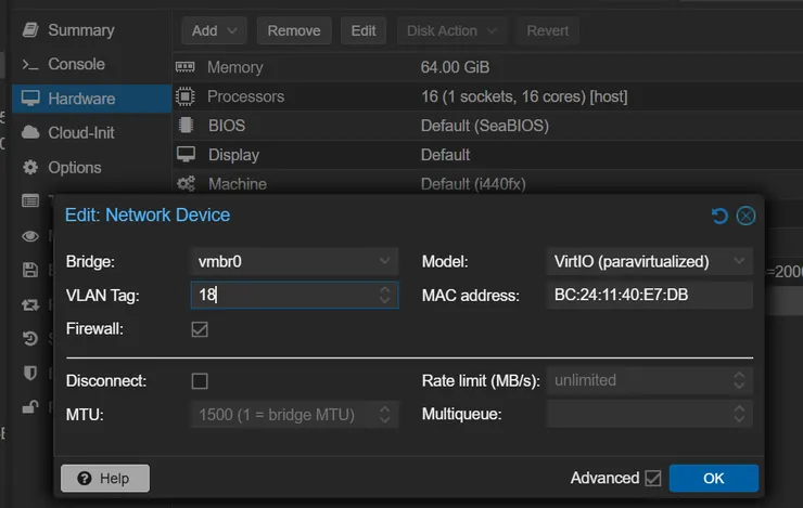 虛擬機的網路裝置編輯視窗，"VLAN Tag" 欄位中填寫了數字 18