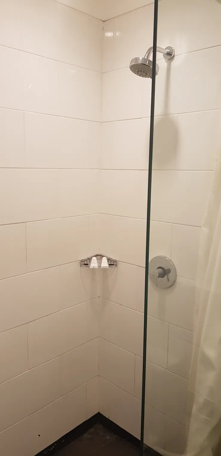 不好不壞的浴室。用蓮蓬頭而非浴缸先加分,但隔間是浴簾而非玻璃門扣分。