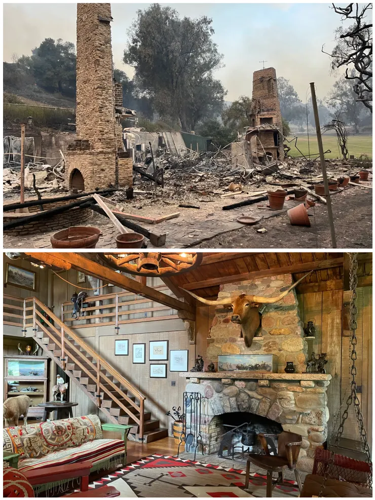 本次被野火燒毁的歷史建物之一Will Rogers’ historic home（火災前後對比圖） ，圖片來源：X/ @okhistory