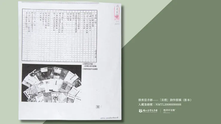 本筆資料為影本共1頁,上方註有「〈貝殼〉詩作原稿」,下方註有「張秀亞作品書影」。(藏品/張秀亞家屬捐贈,圖/國立臺灣文學館)