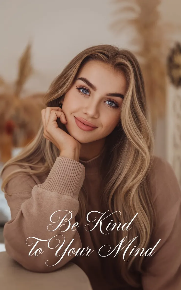 A photo of a young woman with long, wavy blonde hair. She has striking blue eyes, well-defined eyebrows, and a soft pink lip color. The words "BE KIND TO YOUR MIND" are written in elegant script below the image. The woman has a gentle smile and is wearing a beige sweater. She rests her chin on her hand. The background is blurred, with a few plants and a decorative piece. The overall tone of the image is warm and soft.