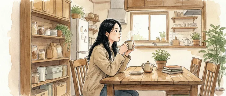 Gemini AI 設計一張 > 麻麻我  坐在餐桌喝著咖啡在思考 水彩風格