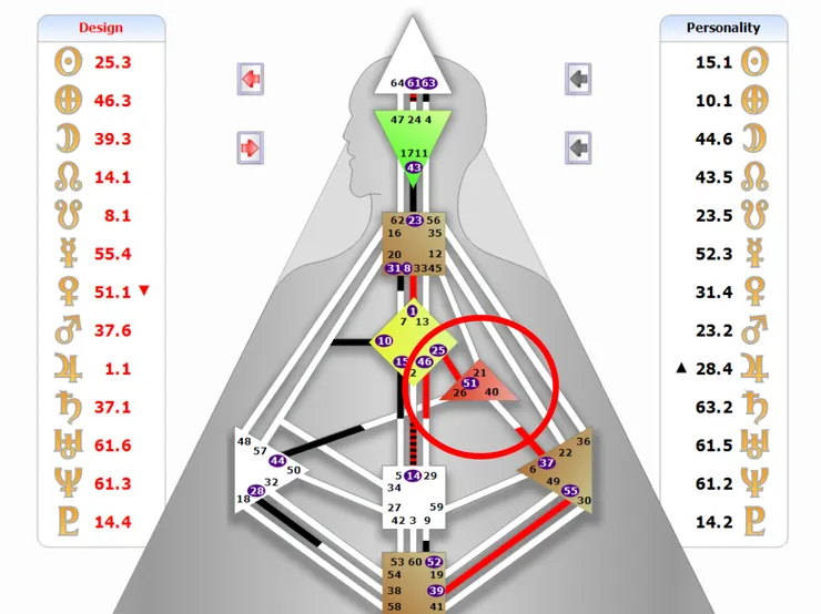 人類圖，圈起來的叫heart center，翻譯為「心中心」、「意志力中心」，有顏色的情況稱為「有定義」。（圖／JovianArchive）