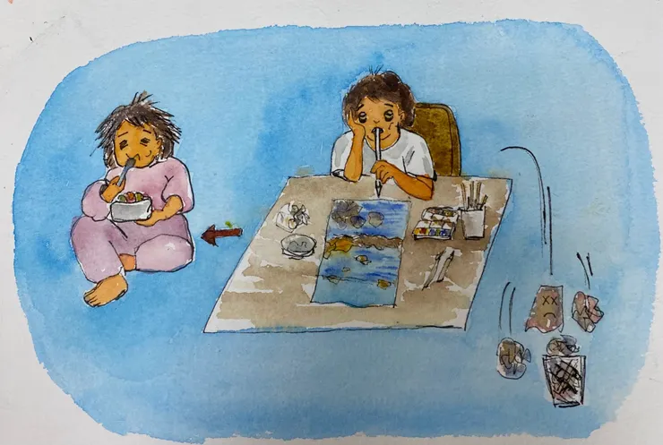 畫海邊岩石畫到得了石頭創傷症候群，必須要吃一整碗冰淇淋來治療！ 