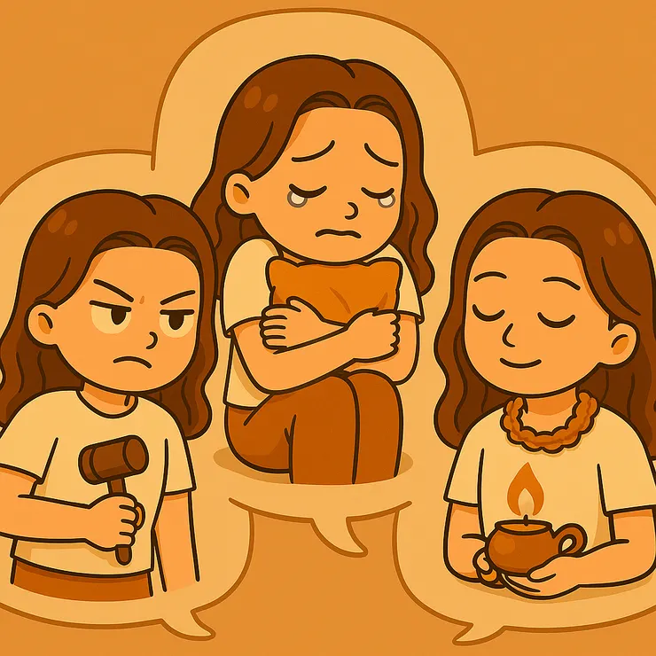 當下我的心情就像圖裡的三個暖橘Q一樣，在腦袋裡開會吵成一團。 小法官嚴厲地敲著木槌：「妳心眼也太小了吧！」 委屈小孩抱著抱枕小聲喊：「可是我真的有受傷啊…」 老靈魂則捧著小燈，慢慢提醒我：「或許妳太久把那些付出視為理所當然了。」 三種聲音同時冒出來，心裡瞬間亂成一鍋粥。 （註：這三個暖橘Q都是我的化身，把我腦袋裡的聲音具象化。）