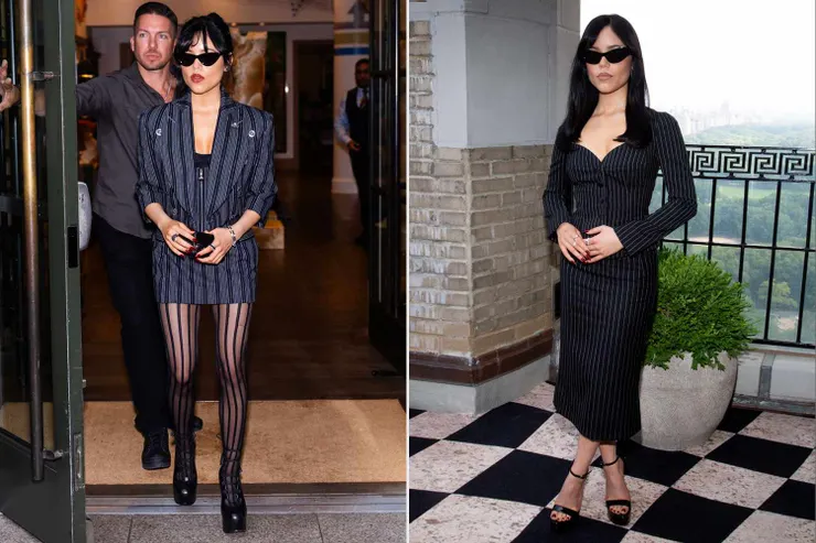 ▲ Jenna Ortega 身穿不同剪裁的條紋套裝致敬經典的主角 Beetlejuice。左圖為 VivenneWestwood，右圖為 Dolce & Gabbana 。圖片來源：GETTY