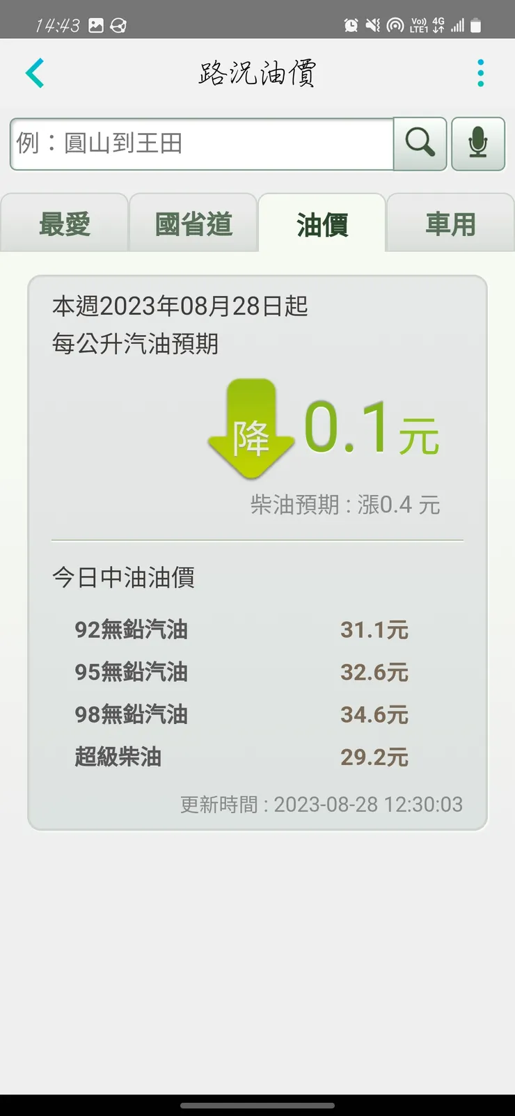 此頁會顯示油價的價格及更新的時間