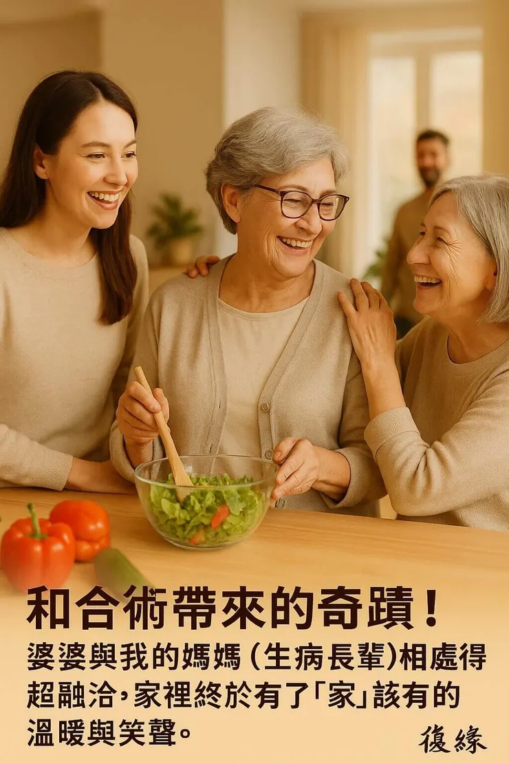 和合術帶來的奇蹟!婆婆與我的媽媽(生病長輩)相處得超融洽,家裡終於有了**「家」**該有的溫暖與笑聲。