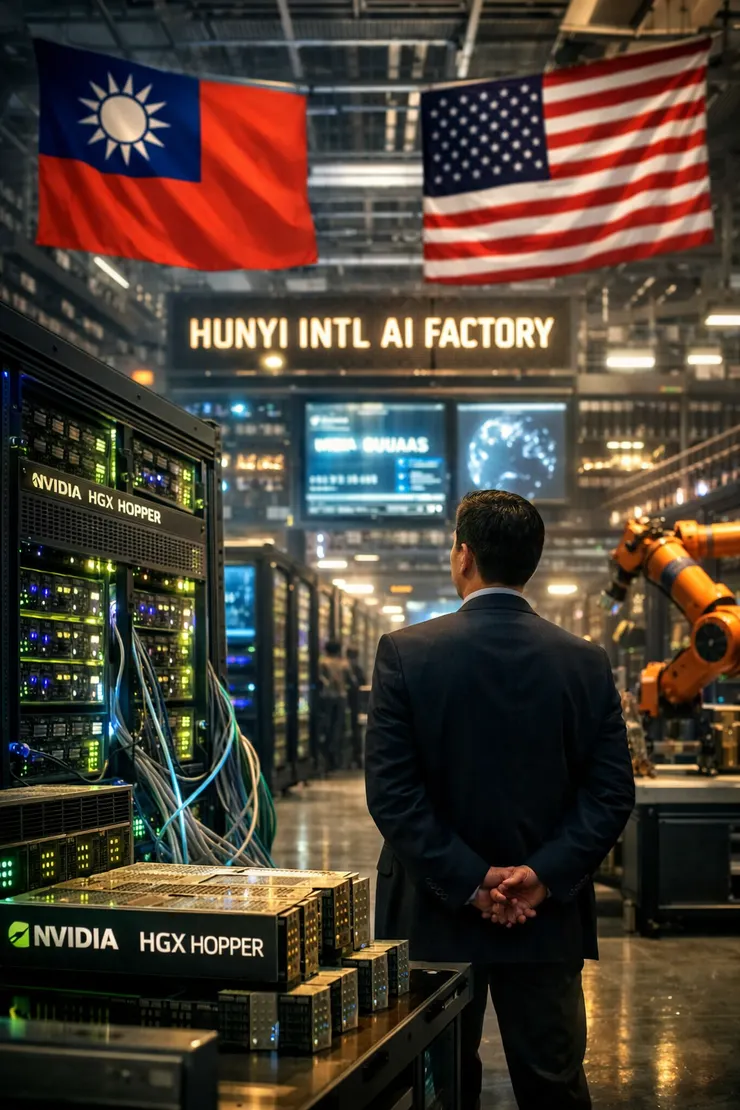 &nbsp;▲以「AI算力即基礎建設」為視覺核心，呈現出三個關鍵隱喻：算力工廠現場：高密度伺服器與 NVIDIA HGX Hopper 架構，象徵算力已成為新型能源 、決策者背影：「角色重寫」的關鍵時刻——從通路走向規則制定者、台美雙旗：「跨境算力調度」與主權AI的戰略布局。(圖 / AI生成 ) &nbsp;