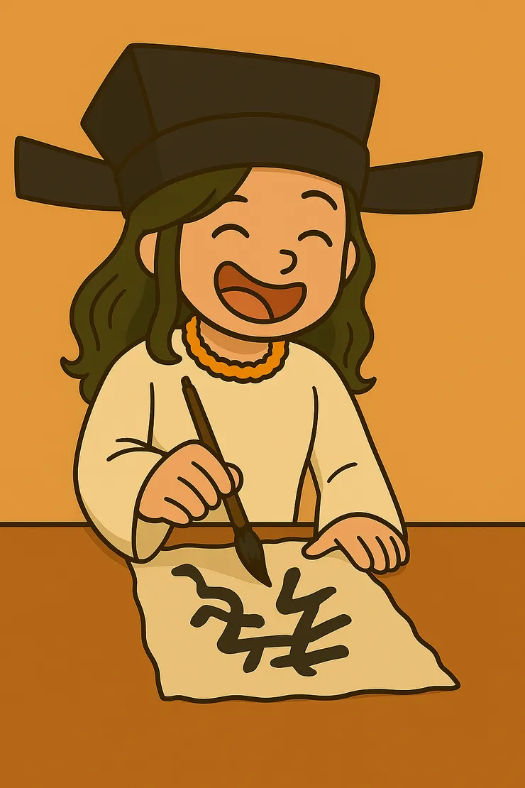 突然我就忍不住吐槽自己： 你有看過什麼都不會的主事者嗎？ 笑死人了～🤣  帽子大到快壓下來，字還寫得歪七扭八。 就像我過去在宮廟裡，禮俗永遠學不會， 文疏也常常憑著心亂寫， 靈畫更喜歡五顏六色地自我探索。  不合格嗎？或許吧。 但現在回頭看， 這些笨拙反而成了最真實的自己。