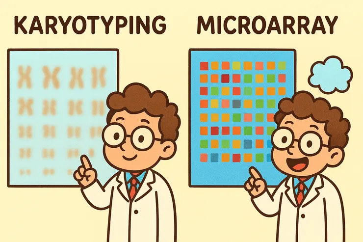 左邊低解析度480p照片,只能看大概形狀,右邊Full HD照片,細節清晰,象徵核型分析 vs 羊晶解析度差異