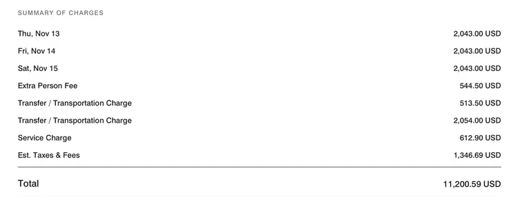 如果一家四口住三個晚上的話,扣除遊艇接駁的費用(Transfer / Transportation Charge),大概還要8,633美元