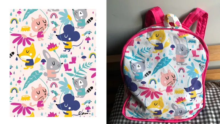 肯妮親手將印花插畫縫製成包包