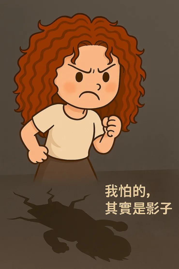 爆炸Q是我一部分人格的化身。她氣到炸毛，其實不是因為討厭人，而是因為她看到影子就自動防禦，提醒我：「小心啊！這裡以前痛過！」