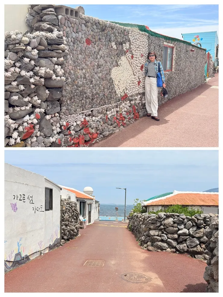 接到碼頭附近環島公路的小路，和裝飾海螺殼的石頭牆。