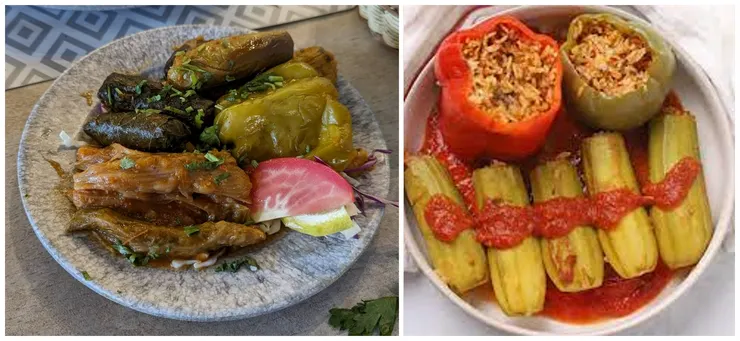 高麗菜、彩椒及櫛瓜做的Mahshi(左圖：筆者攝/右圖：網路)