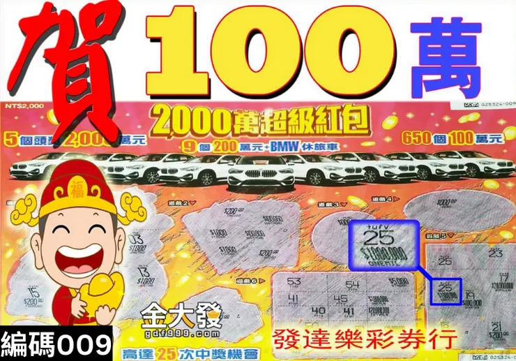 透過9尾選號2000元中獎100萬!