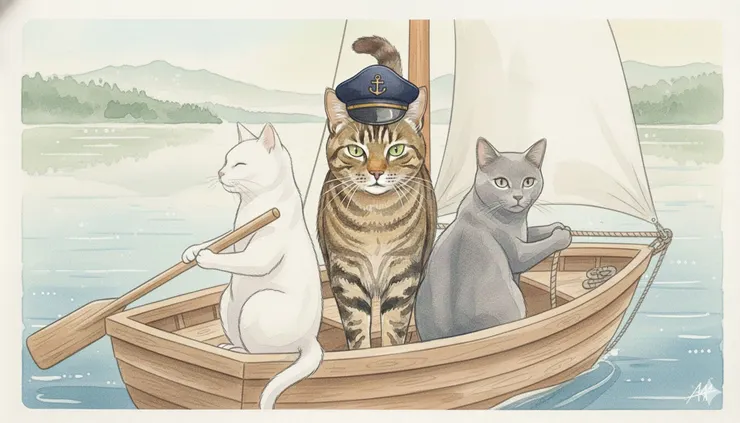 三貓出航：虎斑貓戴著海軍帽，不過這到底是帆船還是獨木舟啊？