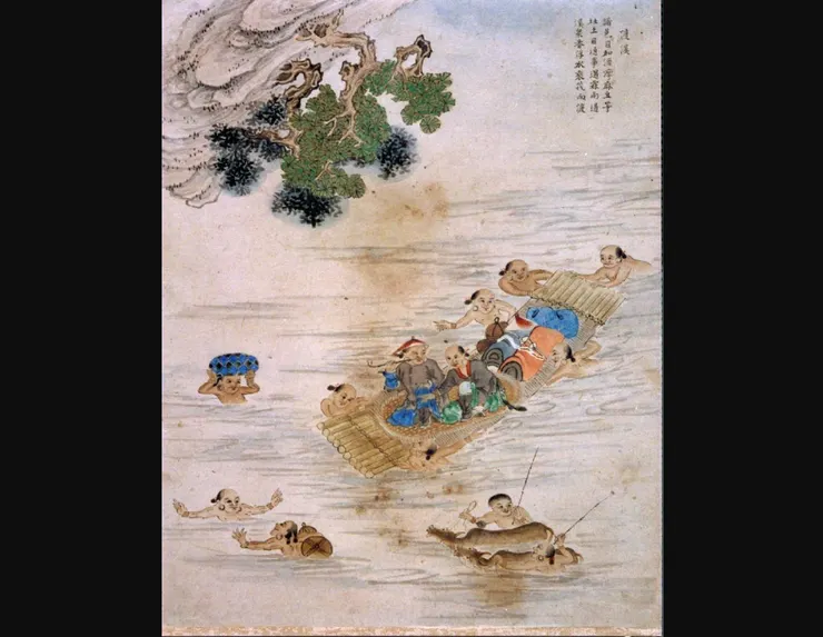 番社采風圖：平埔族人被派公差載運官員渡河，非常辛苦且危險