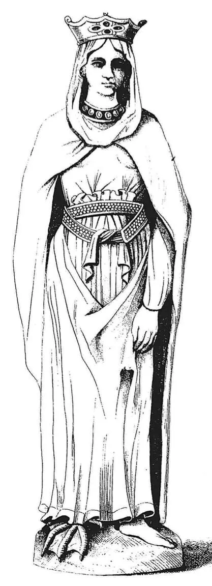 在12世紀的教堂中，曾有許多鵝足女王的雕像，但其中許多後來被摧毀了。這可能是在16世紀的特倫托會議之後發生的，該會議引發了一波對殘存異教信仰的鎮壓。這雕像繪圖可追溯至1793年，來自St-Pourçain-sur-Sioule。圖片來源：Suppressed Histories Archives