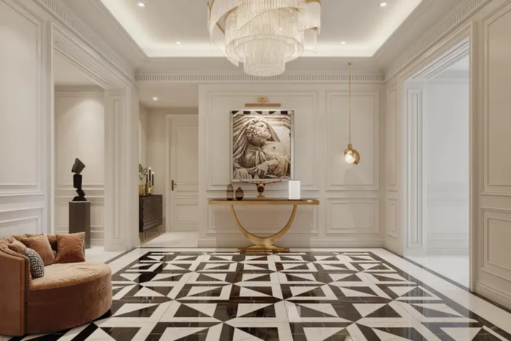 地坪以黑白幾何拼花或水刀切割圖騰界定尊貴落塵區，牆面用細緻線板（Molding）勾勒層次。