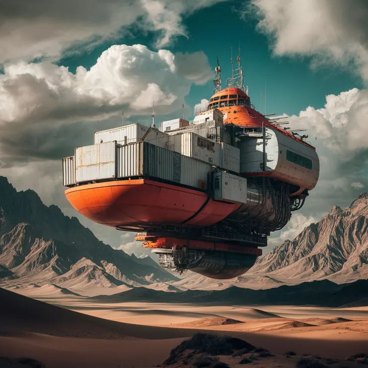 A captivating photo of a breathtaking, futuristic landscape showcases a colossal, floating platform or ship with an eye-catching orange and white exterior. The intricate structure is a marvel of engineering, complete with containers, antennas, and towers. The partly cloudy sky and towering mountains create an otherworldly backdrop, while the surrounding desert terrain adds a striking contrast of colors and textures. This unforgettable visual experience evokes a sense of wonder and exploration, making it a truly awe-inspiring scene., photo