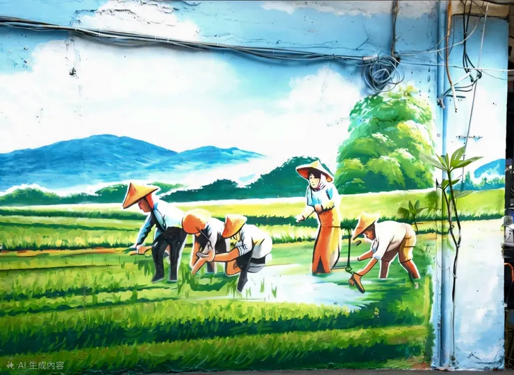 第一景：大地生春（農夫插秧圖）， 農家彎腰插秧，遠山如黛，水田如鏡。 探討「低頭與退後」的智慧。 「退步原來是向前」。看似在泥濘中低頭後退，實則是在為生命的豐收讓出空間。 生命最厚重的力量，往往來自於最貼近泥土的謙卑。