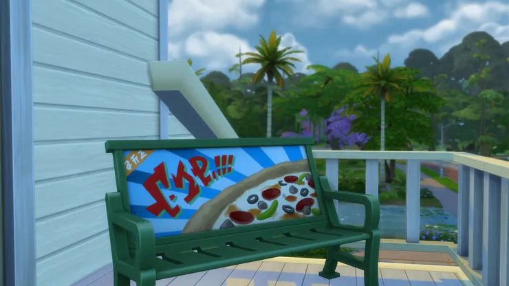 露台上放了一張色彩繽紛的長椅。