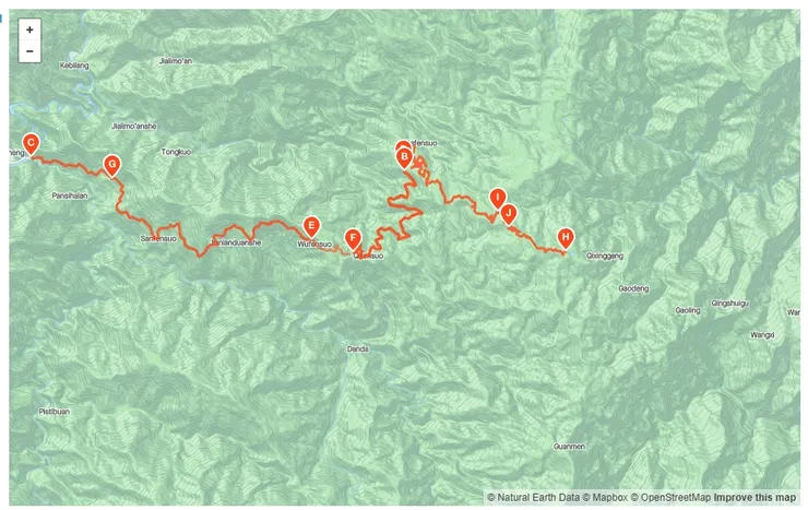 南投丹大林道 (從圖上的C 到 H)，bikepacking 與 林道登山車界的天堂路。試過一次，目前我一天之內只能騎到E 的前面，G 的地方是二分所管制站，從C 到E 淨爬升是1900m。我一定還會再去的！！