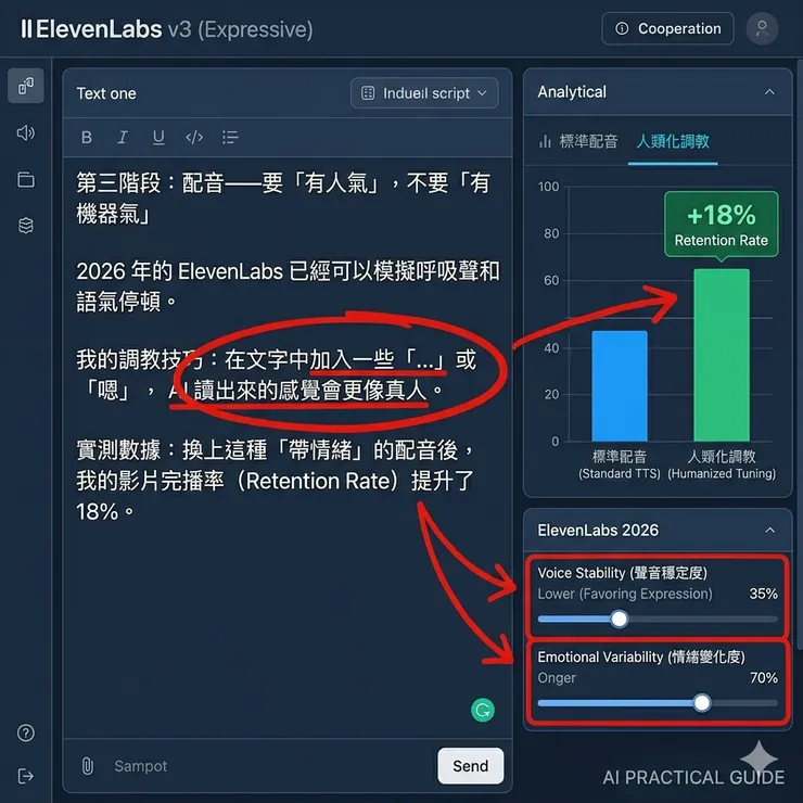 ElevenLabs實測截圖：透過「...」與「嗯」的語氣調教，搭配2026版情感模型，成功將影片完播率提升18%