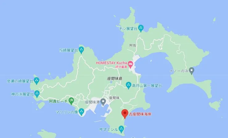 位於座間味島上的古座間味海岸 │ 拍攝自google地圖