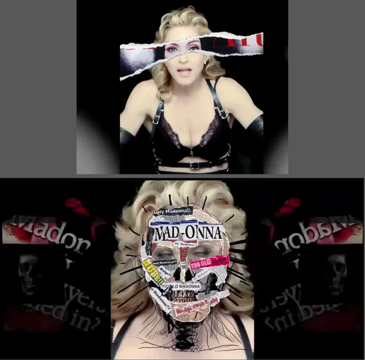 瑪丹娜把過去自己的照片和新聞頭條拼貼在自己臉上
