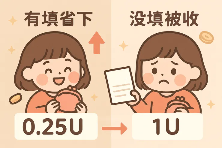 BingX推薦碼有填與沒填手續費比較圖，呈現0.25U vs 1U的實際差異