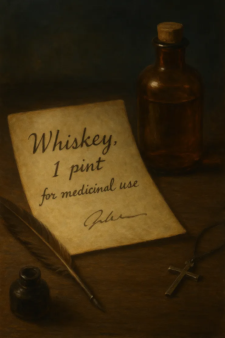 1920年代醫療用酒精與處方籤的示意圖。〈本插圖示意圖由AI協助生成。〉