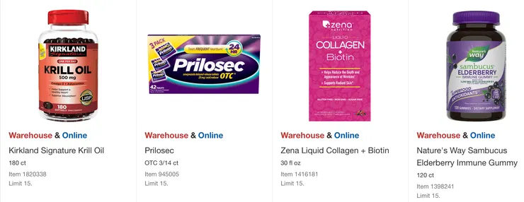 Kirkland 磷蝦油 $24.99、Prilosec 止胃酸錠 $23.99、Zena 膠原蛋白 $28.99、Nature's Way 提升免疫力保健品 $19.99。