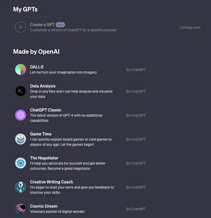 包含熟悉的圖片生成、資料分析，還有寫作指導、遊戲指南...