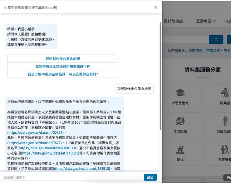 政府資料開放平臺的小幫手 TAIDE&nbsp;的回答情形