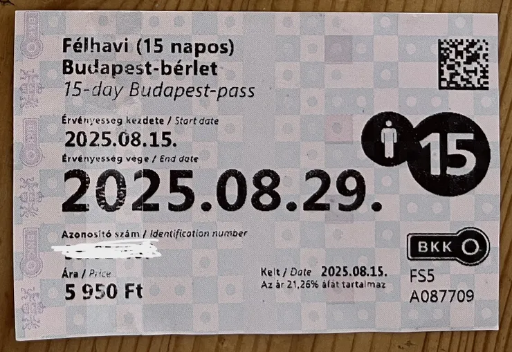 布達佩斯15天pass交通卡 所有大眾交通都可以無限搭，上面有開始使用日和到期日