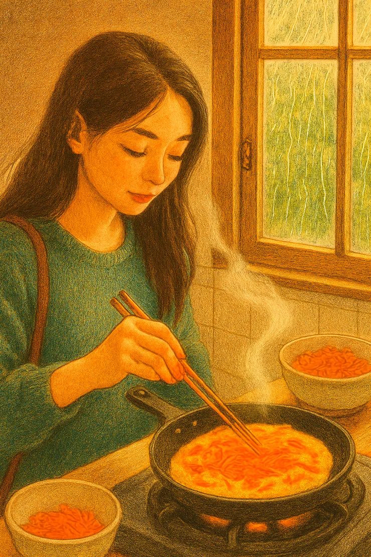 一個人在狹小的租屋廚房裡煎著紅蘿蔔烘蛋,紅蘿蔔絲切得並不完美,氛圍流露出懷舊與思念。